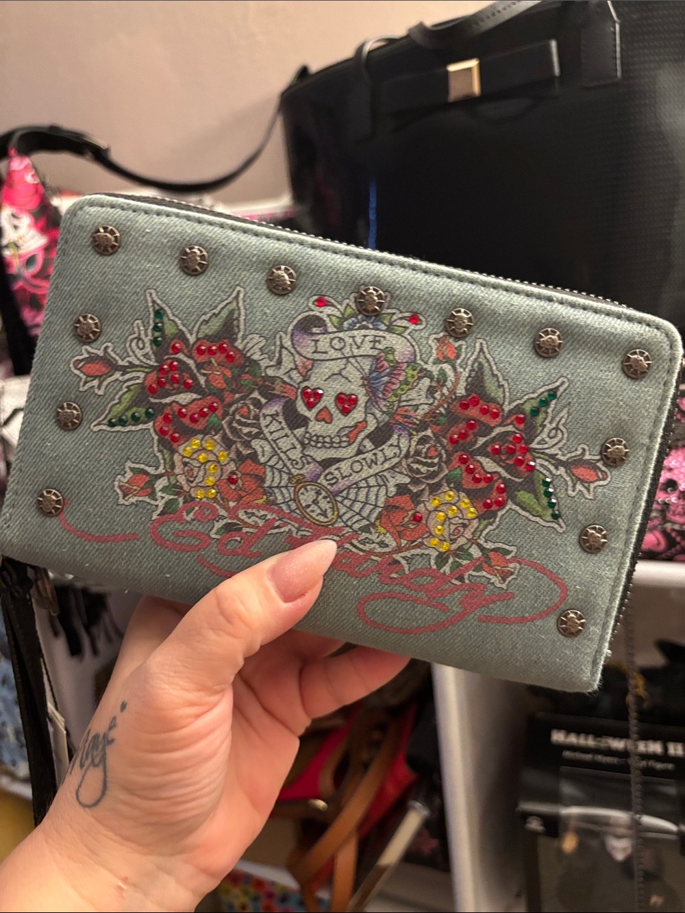 Ed Hardy Denim Skull & Floral Zip Wallet NWT